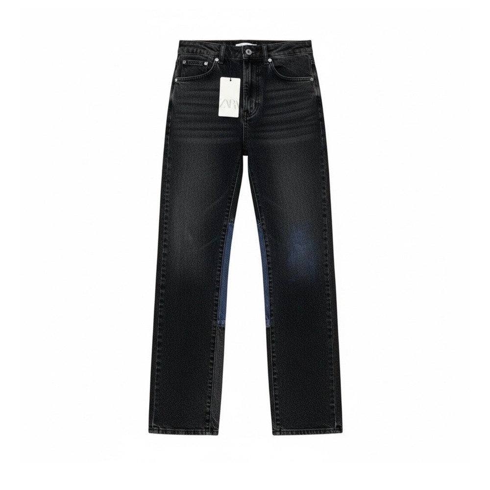 Zara Jeans Mens 30 Black Straight Two Tone Patchwork Mid Waist Slim Thigh Denim